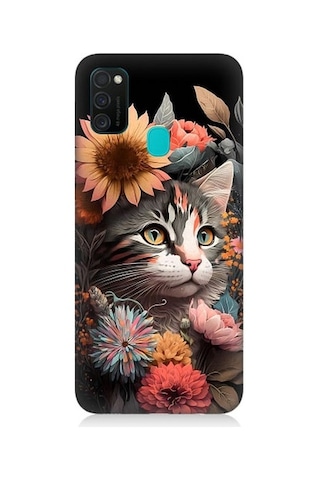 Samsung Galaxy M21 Uyumlu Çiçekler Ve Kül Gri Kedi Desenli Silikon Kılıf Samsung Galaxy M21 Uyumlu Çiçekler Ve Kül Gri Kedi Desenli Silikon Kılıf