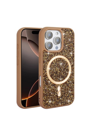 Ecruz iPhone Uyumlu 16 Pro Max Kılıf Pırlanta Tasarımlı Magsafe Şarj Özellikli Ecrz Mozaik Silikon Kapak - Desert Gri