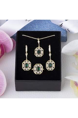 Yeşil Zirkon Taşlı Gold Rengi 925 Ayar Gümüş Kadın 3'lü Set Gold