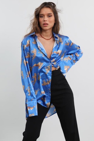 Madmext Mad Girls Leoparlı Mavi Saten Gömlek Mg187-mavi Mavi
