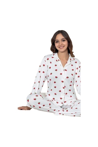 Yaren Collection Pamuklu Kadın Pijama Takımı Uzun Kollu Nefes Ala Beyaz