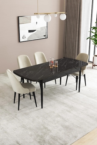 Familieconcept Almira Serisi, Siyah Mermer Desen 80x132 Açılabilir Mdf Mutfak Masası Takımı 4 Adet Sandalye Krem