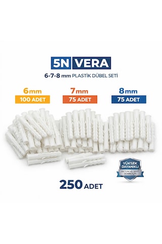 250 Adet Plastik Dübel Seti 6mm-7mm-8mm Duvar Ve Beton Montaj Dübeli