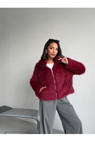 Verymoda Yapay Kürk Kadın Ceket Fermuarlı, Yumuşak Dokulu Modern Kışlık Mont F2037 Bordo