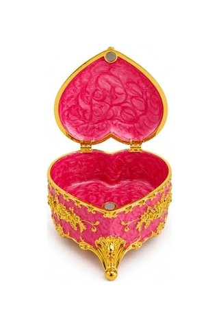 Kalp Şeklinde Mücevher Kutusu Gold İşlemeli Takı Kutusu 6x9 Cm Pembe / Kristal Taş Detaylı, 5 Renk Seçeneği, Çok Renkli