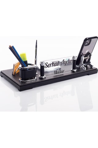 Madrid Ofis Masa İsimliği Siyah Deri Masaüstü İsimlik Seti