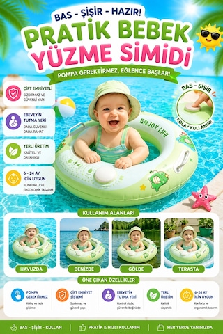 Bebek Yüzme Simidi Bas Şişir Pratik Pompa Gerektirmeyen Ebeveyn Tutma Yerli Çift Emniyetli Yeşil Sim
