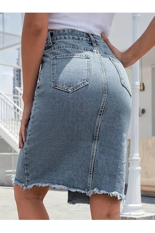 Kadın Elastik Bel Yırtık Kenar Detaylı Kot Etek Karışık