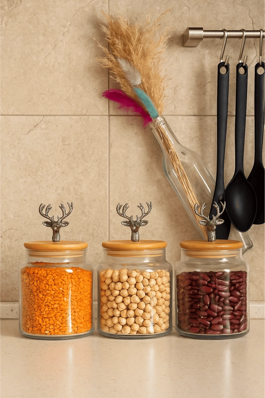 3'lü Metal Siyah Geyik Figürlü Bambu Kapaklı Cam Kavanoz Şık Saklama Kabı 635 Cc Şeffaf