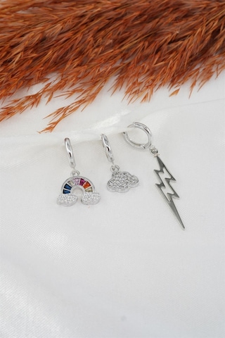 Kadın Baget Zirkon Taşlı Bulut Ve Şimşek Figürlü 3'lü Set Küpe - Gümüş