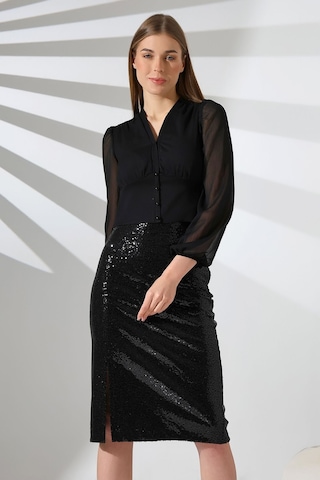 Mois Atelier Siyah Pul Payetli Yırtmaçlı Midi Etek Abiye Nikah Elbise Tasarım Hediye Büyük Beden Siyah