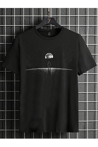 Aydaki Adam T-shirt - Siyah Baskılı Oversize Bisiklet Yaka Kısa Kol Tişört Siyah