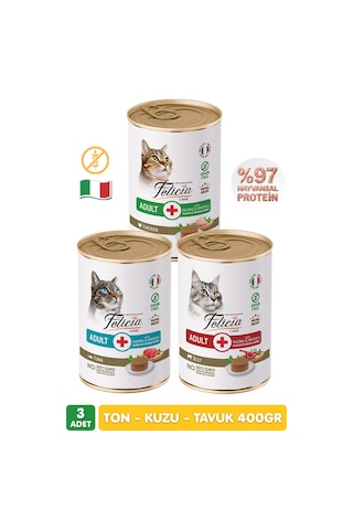 3 Lezzet %97 Proteinli Tahılsız Ton Balıklı - Kuzulu - Tavuklu Ezme Yetişkin Kedi Konserve Maması 400 Gr X 3 Adet