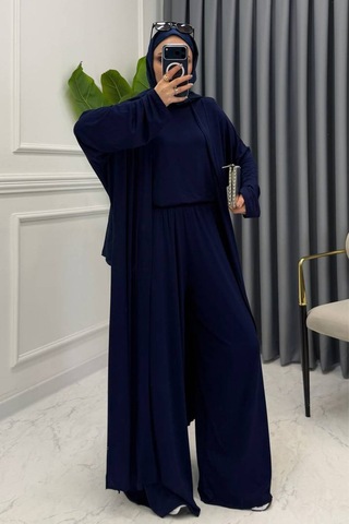 Balenbi Kadın Penye Uzun Hırka Bluz Geniş Paça Pantolon Abaya Takım 1217 Lacivert