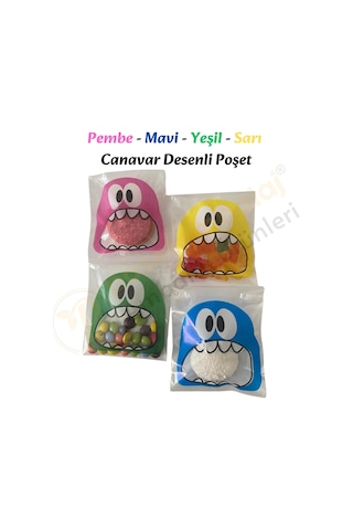 100 Adet 4 Renkli Canavar Desenli Cake Pop & Kurabiye Poşeti - 10x15 Cm