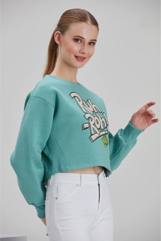 Meecy Kadın Su Yeşili Baskılı Sweatshirt Su Yeşili Su Yeşili