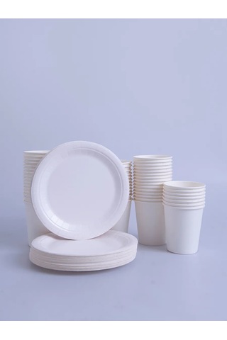 Mideko 50 Tabak + 50 Bardaklı Tek Kullanımlık Sofra Seti 300260369 Beyaz