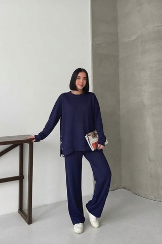 Soft&basic Rahat Kesim Uzun Kollu Yanları Çıt Kapamalı Premium Yumuşak Kumaş Eşofman Takımı Lacivert