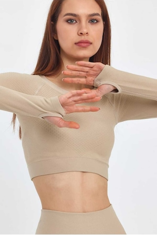 Petek Desenli Yüksek Bel Toparlayıcı Seamless Tayt Ve Uzun Kollu Büstiyer Spor Alt-üst Takım Bej