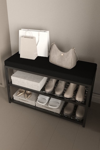 Aju Ayakkabılık Puflu Süngerli Oturaklı Metal Ayakkabı Rafı Modern Vestiyer Baklavalı Metal Siyah