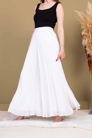 Lodmela Beli Lastikli Pliseli Şifon Pantolon 6030-beyaz Beyaz