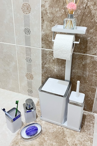 6 Parça Banyo Seti Çöp Kovası, Wc Fırça, Tuvalet Kağıtlık, Diş Fırçalık, Sıvı Sabunluk, Sabunluk Beyaz - Krom