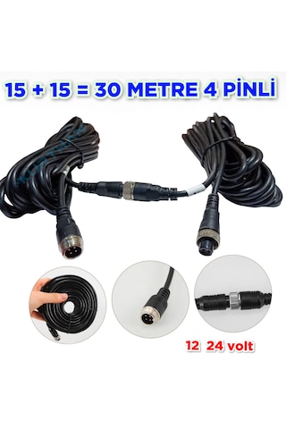 30 Metre 15 + 15 4 Pinli Ticari Araç Kamera Kablosu 12-24 Volt