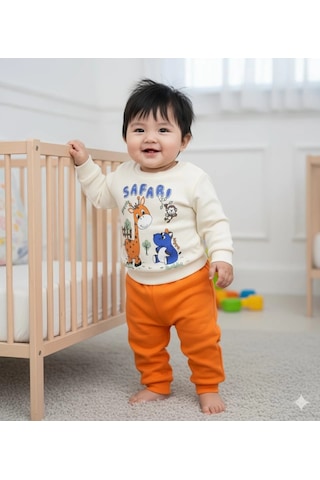 Erkek Bebek Safari Baskılı Alt Üst İkili Gündelik Takım Turuncu