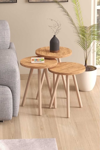 Miracle 3d Zigon Sehpa Ahşap Ayaklı Çam 3'lü Yuvarlak Atlantik