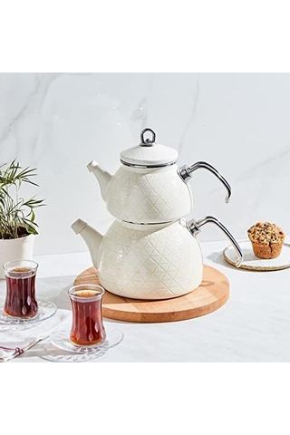 Kristal Krem Emaye Çaydanlık Takımı Çelik