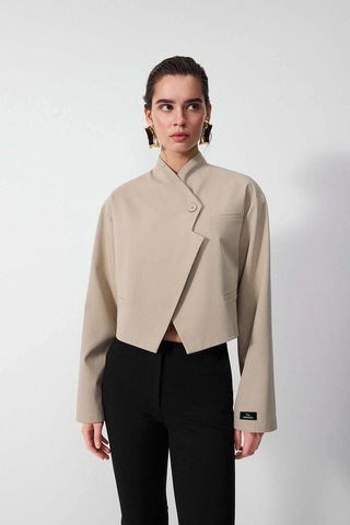 Vatkalı Diagonal Crop Blazer Ceket-20435 Bej
