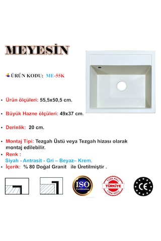 Meyesin ME-55K Granit Evye Krem Tek Gözlü Mutfak Evyesi 50 x 55 CM
