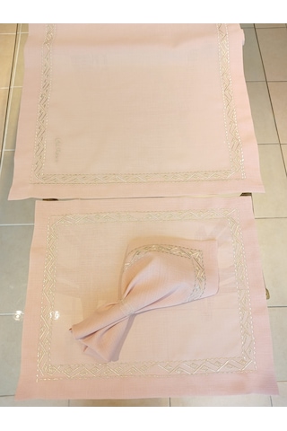 Sim İşlemeli 8 Kişilik Pembe Supla-runer-peçete Takımı Açık Pembe