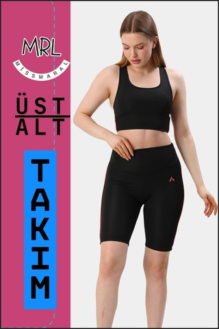 Kadın Siyah Takım Alt-üst Kısa Şort-tayt Ve Pedli Sporcu Büstiyer 2li Set Gül Kurusu Biyeli Elt3043 Siyah Gül