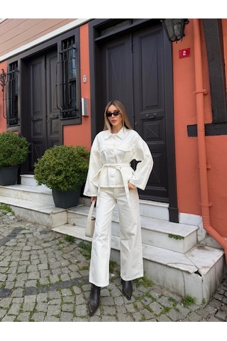 Kahverengi Yıkamalı Bağlamalı Denim Ceket Pantolon Takım