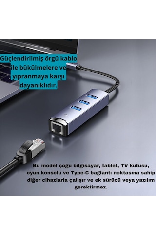 Polham Jazos 4in1 Type C To 1x 5gbps Rj45 Ve 3x Usb Çoğaltıcı Okuyucu Adaptör, Klavye, Mouse Okuyucu Siyah