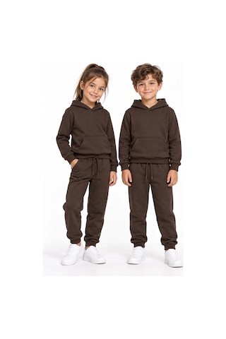 Rony Pony Kids Unisex Kız Erkek Çocuk Kahverengi 2 İplik Kapüşonlu Kanguru Cepli Eşofman Takımı