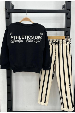 Lolliboomkids Erkek Çocuk Siyah Beyaz Çizgili 3ip Sweatshirt - Bel Ayarlı Eşofman Alt Üst Takım 2 Parça Siyah