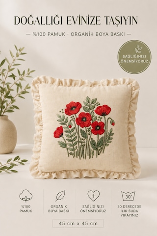 Fırfırlı Gelincik Desenli Dekoratif Kırlent Kılıfı %100 Pamuk Organik Boya Baskılı 45x45 Cm Bej