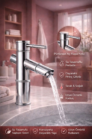 Viosa Lüx Premium Krom Bambu Model Modern Banyo Lavabo Bataryası Çeşmesi Musluğu Siyah