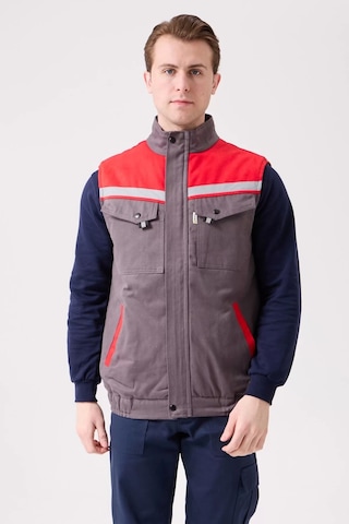 Kışlık İş Yeleği Grikırmızı Gabardin Çok Cepli Royal Sıcak Tutucu Rüzgar Geçirmez Reflektörlü Gri-kırmızı
