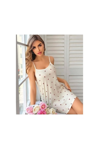 Miss Melly İp Askılı Kiraz Desen Şık Penye Gecelik Beyaz
