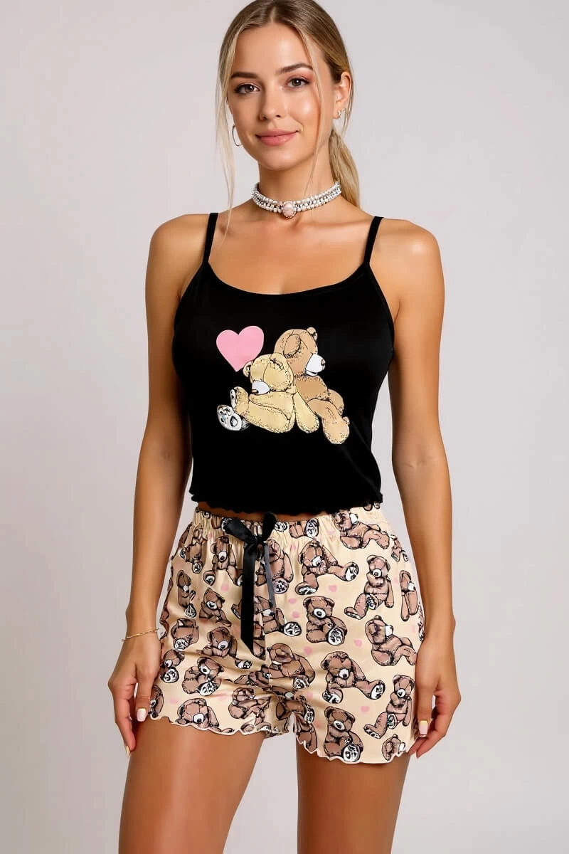 Madamora Renkli Ayıcık Desenli Askılı Şortlu Kadın Pijama Takımı