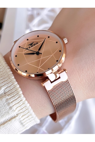 Ferro Hasır Kordonlu Rose Gold Kararmaz Renk Atmaz 3 Atm Özel Tasarım Kadın Kol Saati Bf40-087