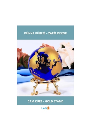 Renkli Cam Dünya Küresi Gold Metal Standlı 6 Cm Dekoratif Dünya Diğer