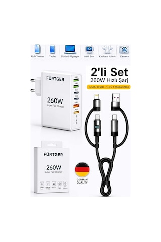 Fürtger German Frt-25w B 260w 3 Type-c + 3 Usb-a Toplam 6 Çıkışlı Süper Hızlı Şarj Aleti + 4 Başlıklı Şarj Kablosu Fürtger German Frt-25w B 260w 3 Type-c + 3 Usb-a Toplam 6 Çıkışlı Süper Hızlı Şarj Aleti + 4 Başlıklı Şarj Kablosu