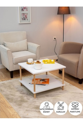 Kare Orta Sehpa Ahşap Ayaklı Sehpa Iki Raflı Sehpa Dekoratif Sehpa Gazetelikli - Beyaz - 60cm X 60cm