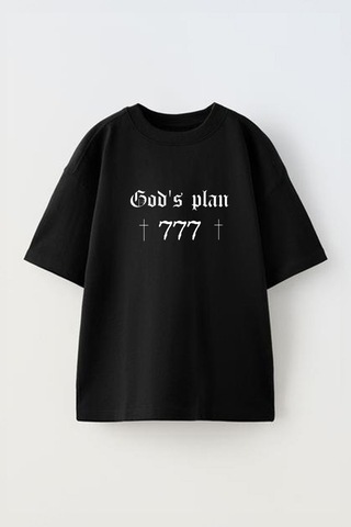 Thewert Unisex God İs Plan 777 Tasarım Baskılı Pamuk Sıyah Oversize T-shirt Siyah