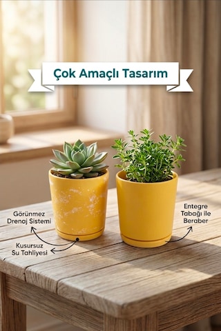 2 Li Seramik Saksı Kalemlik,fırçalık,masa Organizeri / Modern Dekoratif El Yapımı Tasarım Sarı