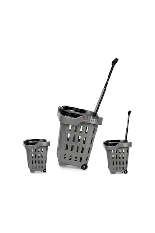 10 Adet - 43 Lt Tekerlekli Market Sepeti Plastik Alışveriş Sepeti Ergonomik Çift Saplı Gri